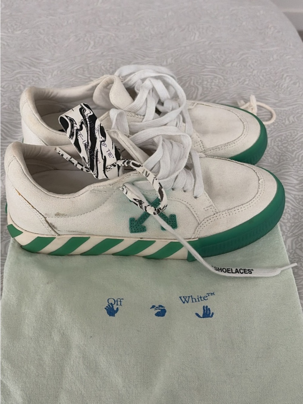 Off-White White Canvas Sneakers with Green Accents